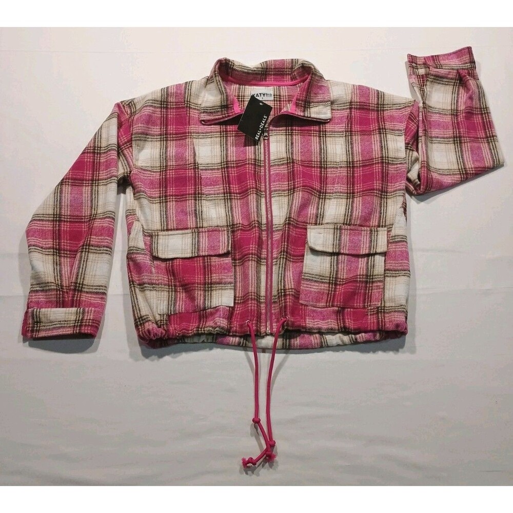 Katydid Pink Plaid Cropped Shacket Size S Flannel Jacket Cinch Waist Cozy NWT